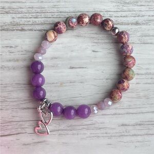 Purple and Pink Beaded Bracelet with Heart Charm